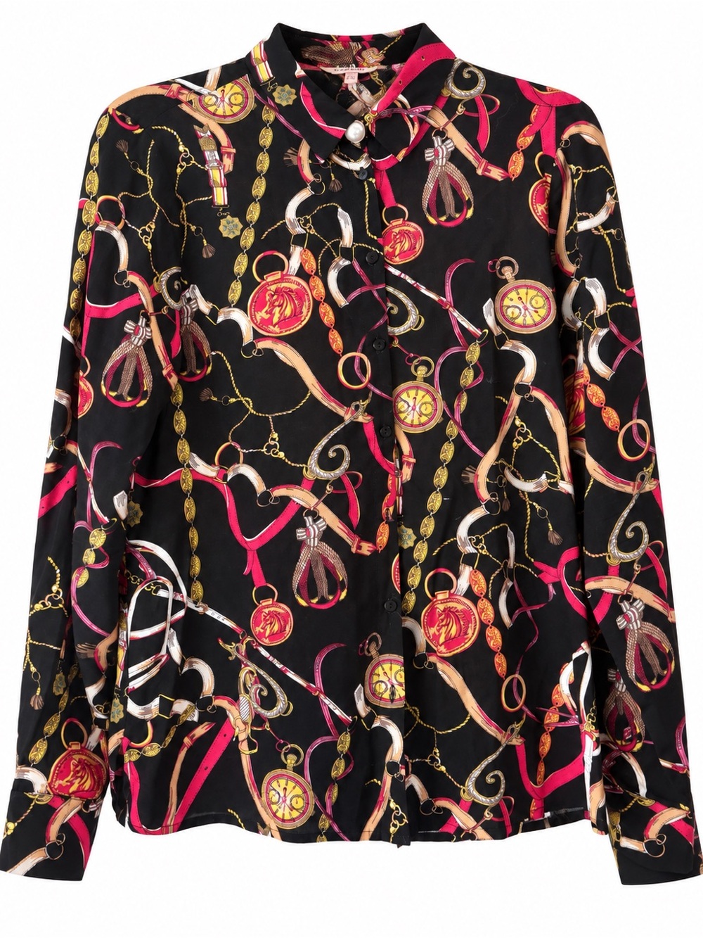 ESQUALO Black Chain & Medallion Print Blouse with Pink and Gold Accents
